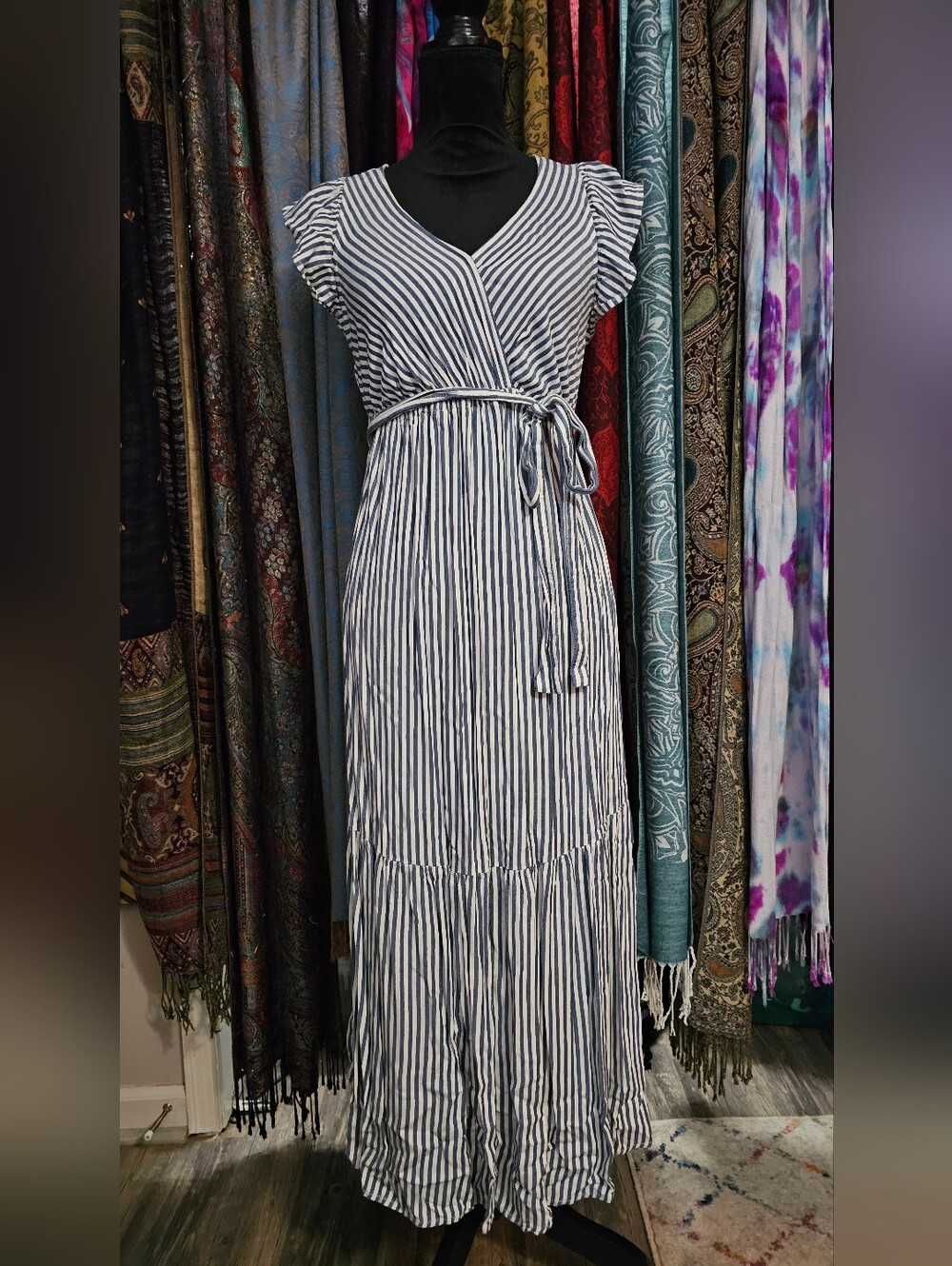Striped Blue and White Faux Wrap Maxi Dress - Women Small Maternity